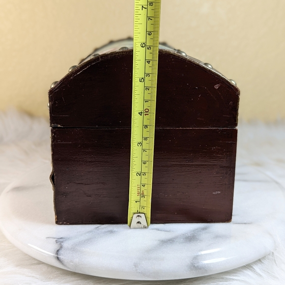 Vintage Hand Painted Roses Wood Jewelry Trinket Box Trunk Leather Trim - Picture 4 of 12